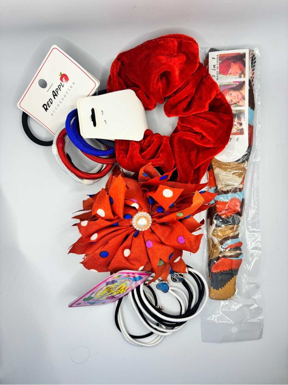 Red Velvet Scrunchie with Orange Polka Dot Flower Clip Headband Hair Ties Set